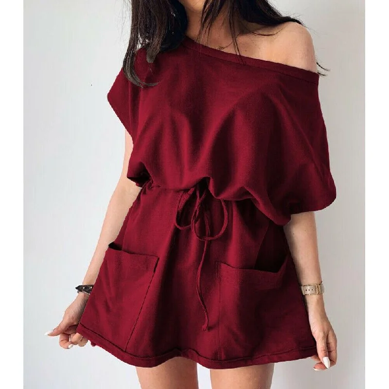 Bigger Savings, Better Shopping!FashionSierra - Women's Summer Pocket Solid Short Sleeve Mini Dress 2019 Fashion Ladies Casual Tops Tie Front Loose Sundress