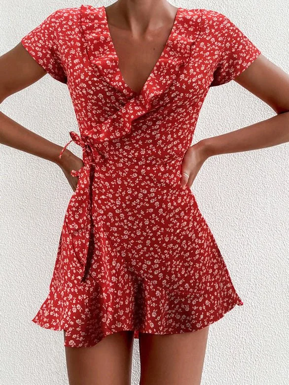 Your Chance to Save is Now!Floral V-Neck Ruffled Lace-Up Dress